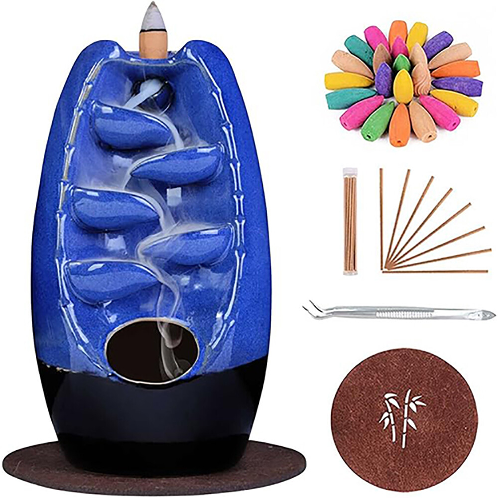 Ceramic Backflow Incense Burner Holder Glaze Waterfall & Incense Cones Gift