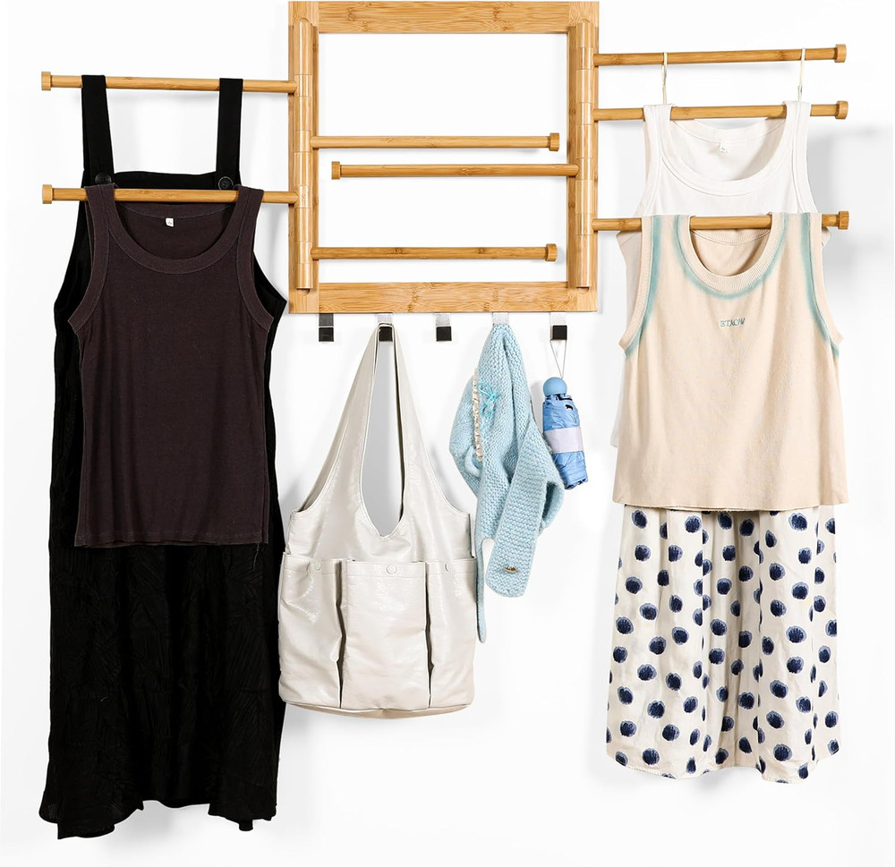 Bamboo Wall Mounted Drying Rack - 20" with Hooks & 8 Arms, 80 lbs Capacity