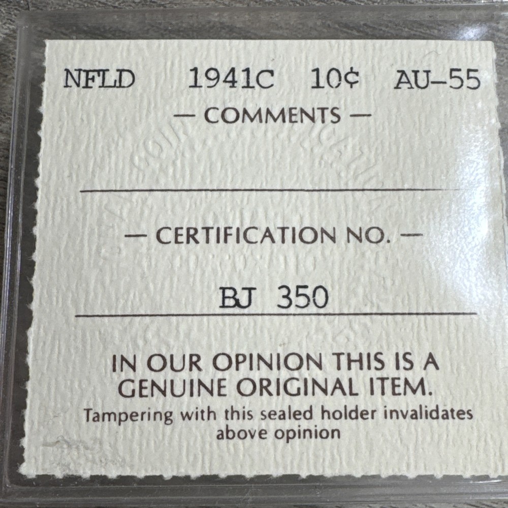1941C ICCS Graded Newfoundland Ten ¢10 Cent **AU-55**