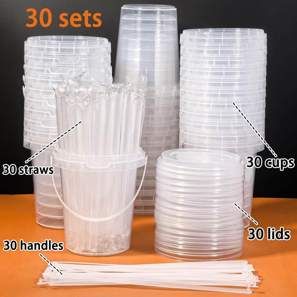 30 Sets - 34 oz Plastic Cups with Lid 30 Set Clear Straws, Transparent