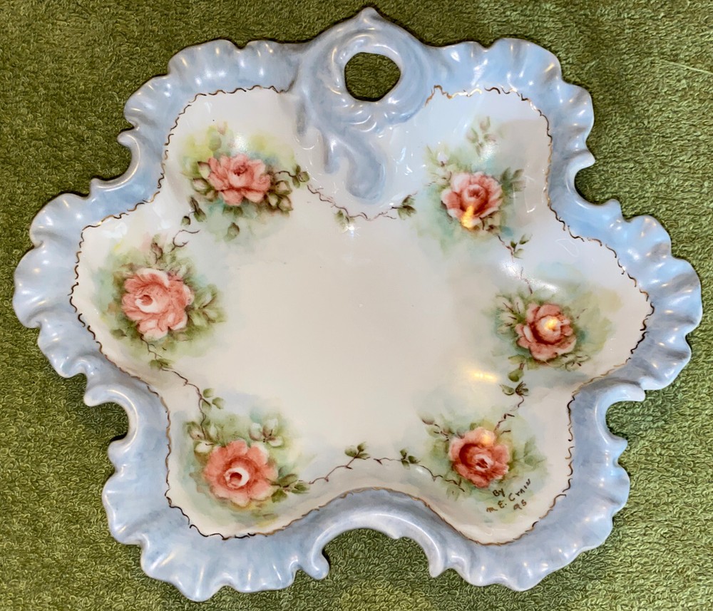 Beautiful German Dish Hand Painted by M. E. Crain dated 1895
