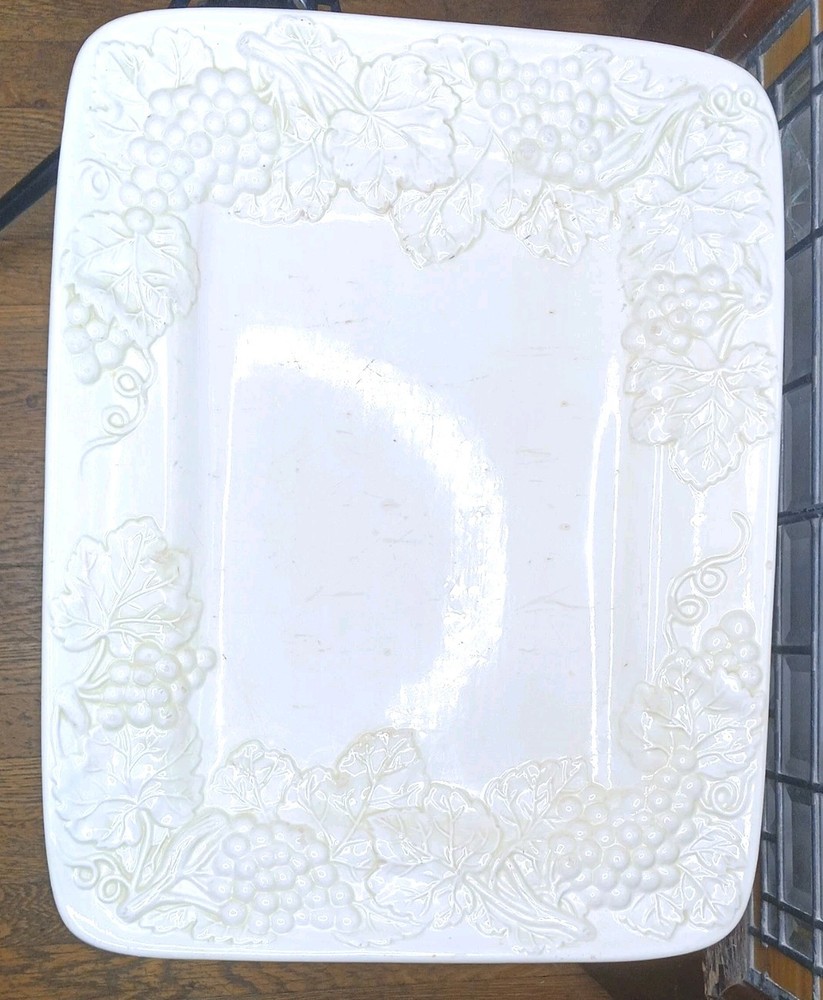 HUGE ANTIQUE / VINTAGE SERVING PLATTER. CERAMIC WHITE GRAPE VINE PERIMETER db.