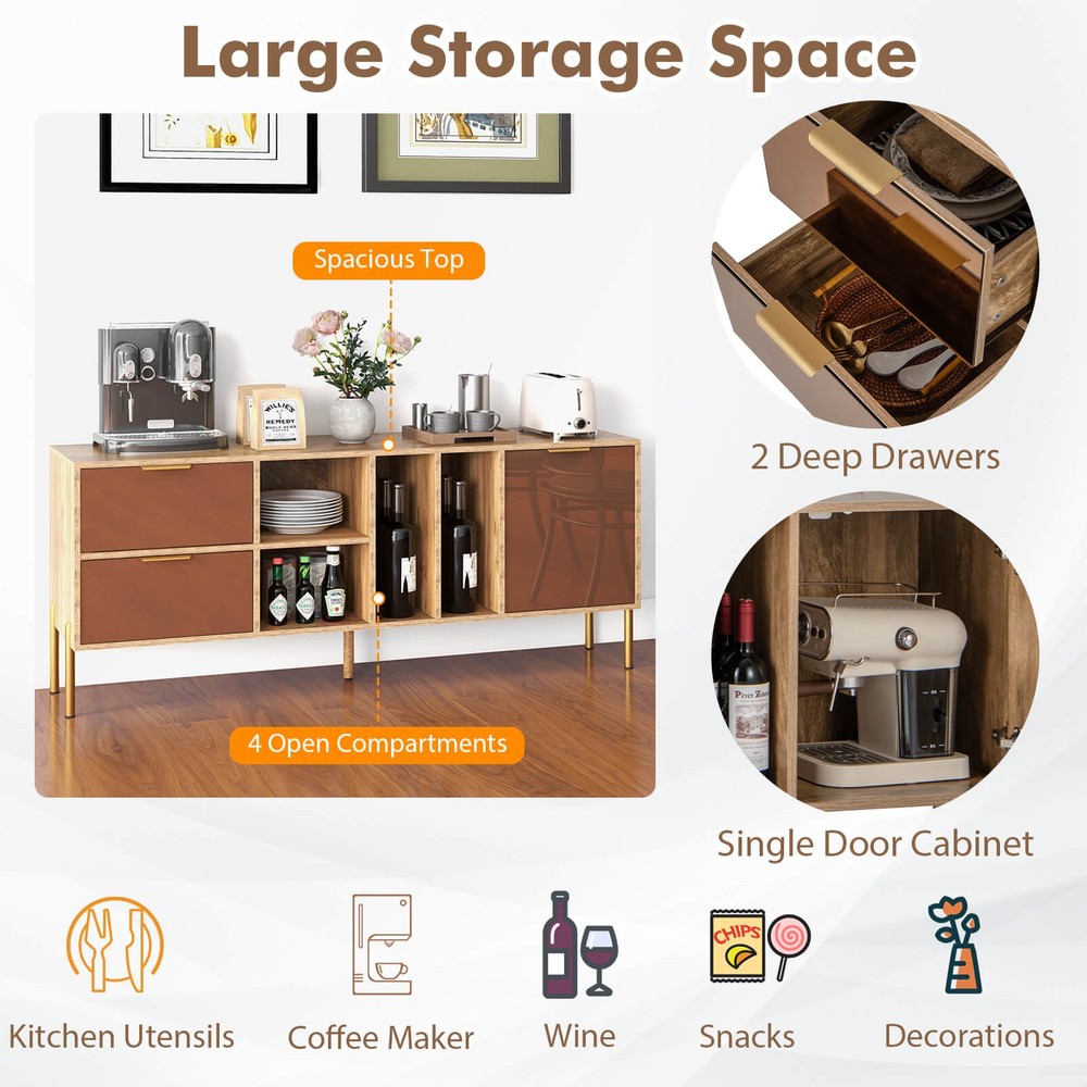 Mirrored Buffet Cabinet Rustic Kitchen Sideboard Storage Cabinet w/2 Drawers