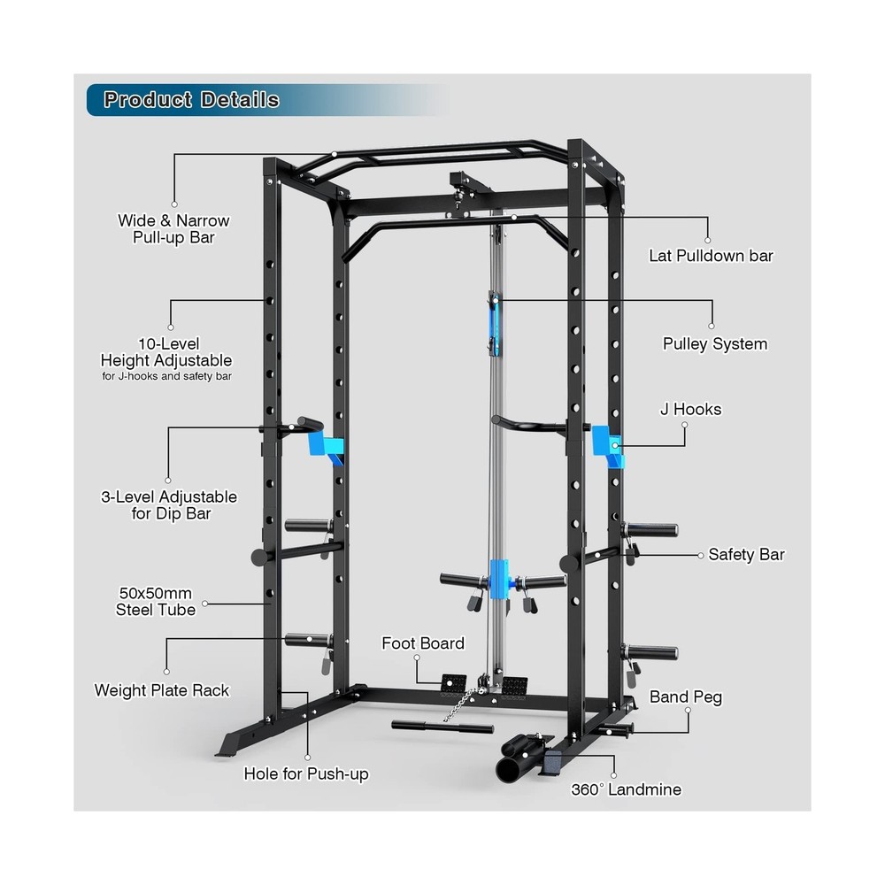 Power Cage, Multi-Functional Power Rack with J-Hooks, Dip Handles, Landmine A...