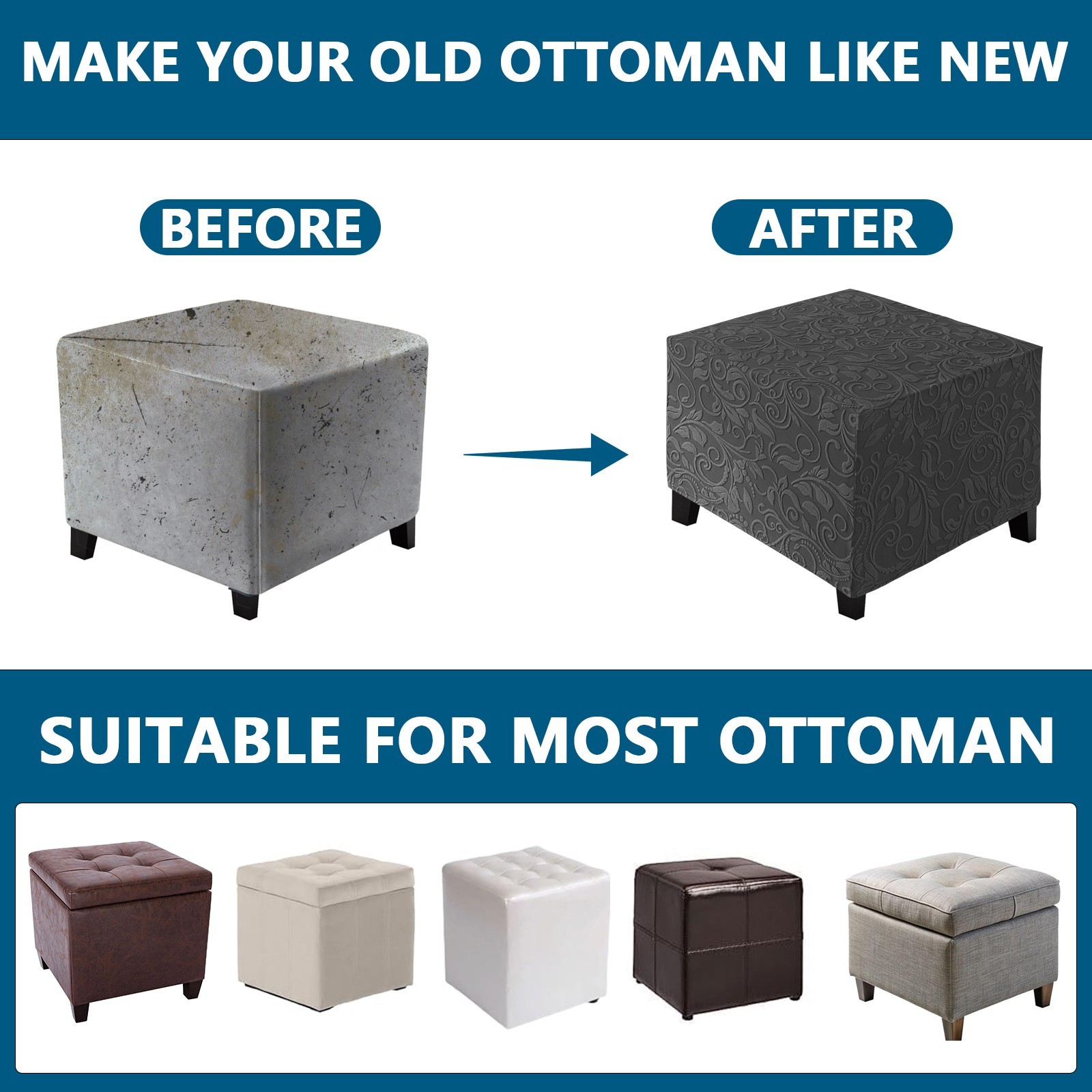 Stretch Jacquard Ottoman Cover Square Rectangle Footstool Cover Slipcover L/XL