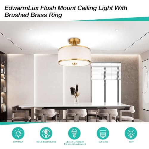 3-Light Semi Flush Mount Ceiling Light Fixture, Brushed Gold + White Fabric