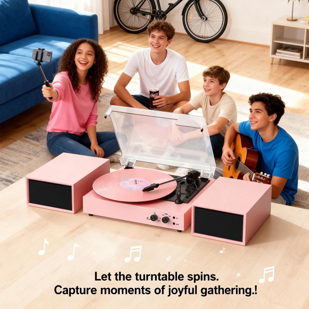 Pink Record Player with External Stereo Speakers | 3-Speed Bluetooth Turntabl...