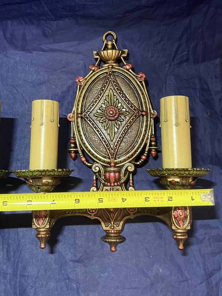 Pair Antique Polychrome Two Arm Sconces Beautiful Rewired 66C