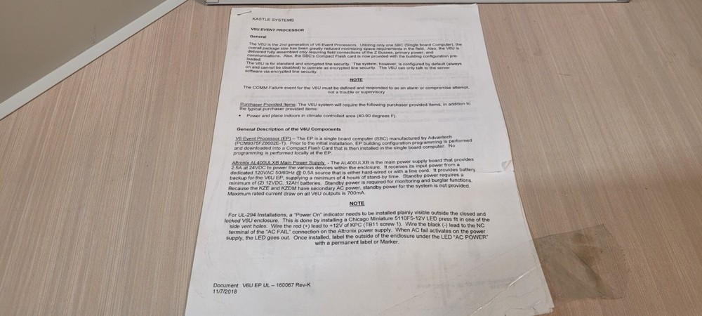 Kastle Systems V6 V6U Event Processor Intelligent Controller