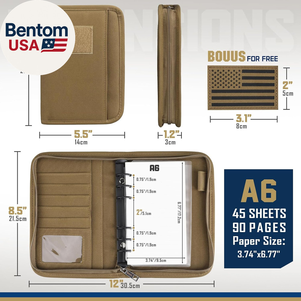 Tactical Notebook Padfolio Ring Binder - Refillable 6-Ring A6 Binder, Zip Hardco