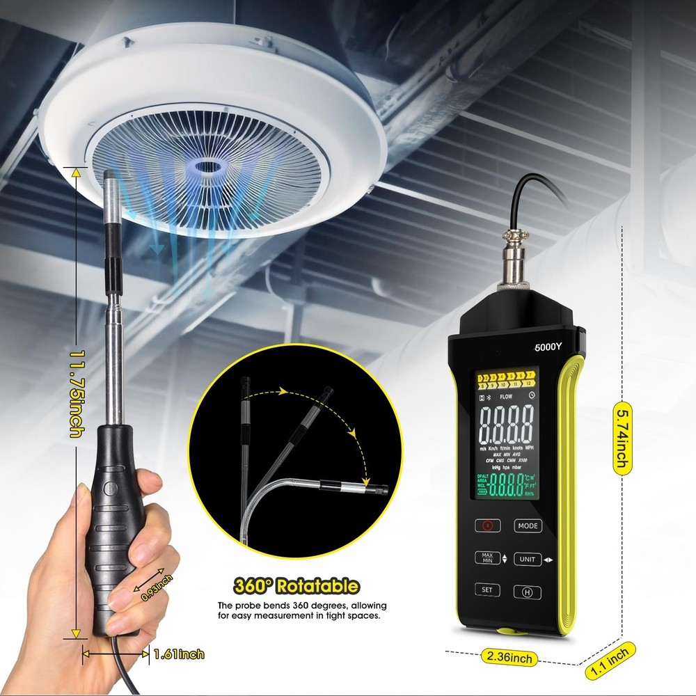 Thermal Anemometer Digital Wind Speed Meter Telescopic CFM/CMM Airflow Temp Test