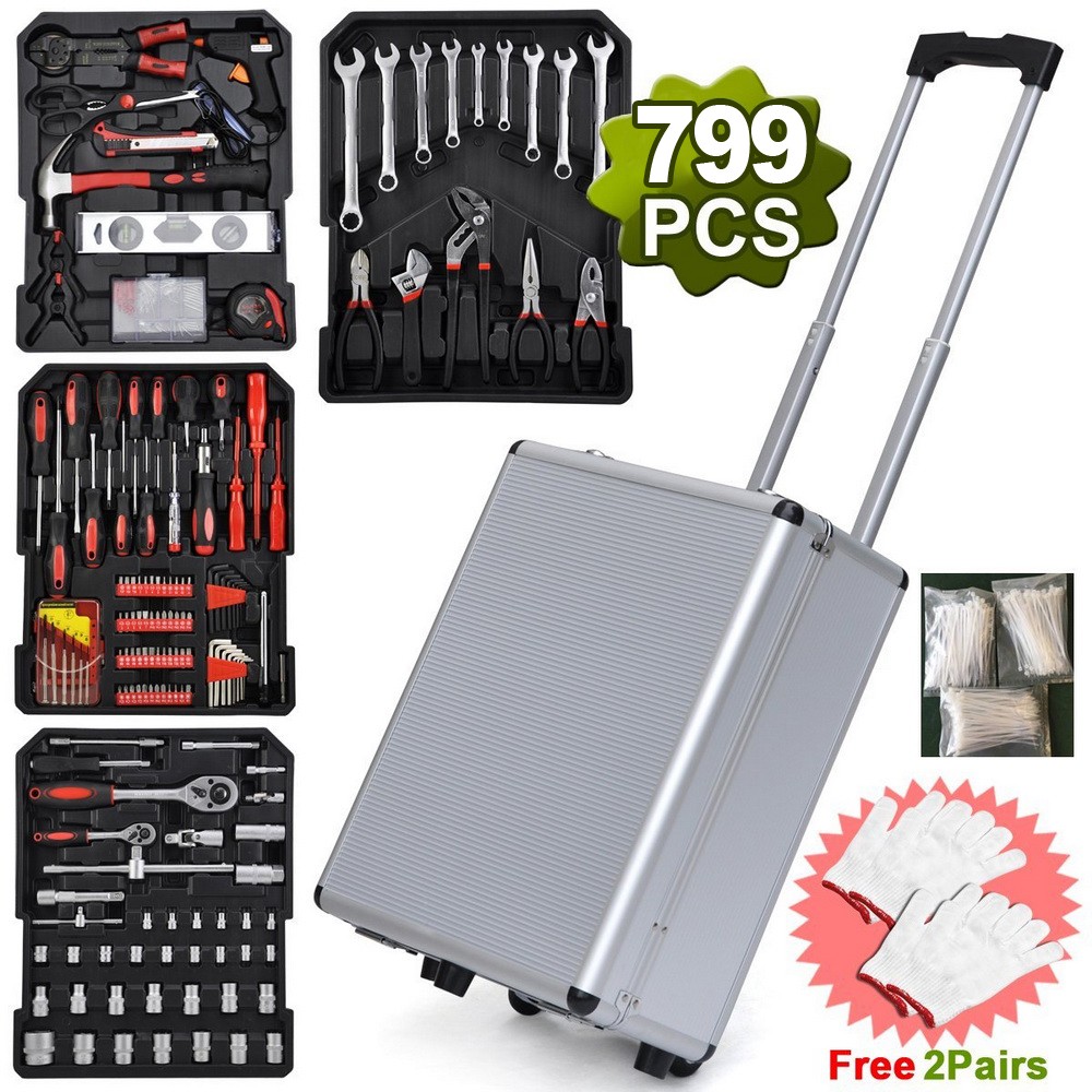 799pc Aluminum Trolley Case Tool Set, Silver, Comprehensive Portable Tool Kit