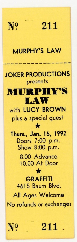 Murphy's Law Concert Ticket Graffiti Showcase Pittsburgh, PA 1992
