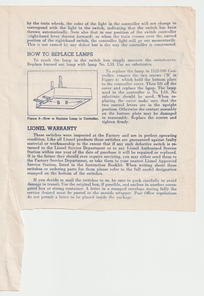 C1956 Lionel Install Instruction No 260 Bumper Operate 1122(E) Switch Model RR