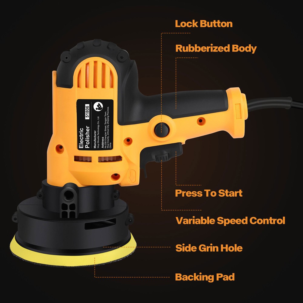 800W Car Polisher Buffer Sander Machine, 5" Pad Bonnet, Locking Switch