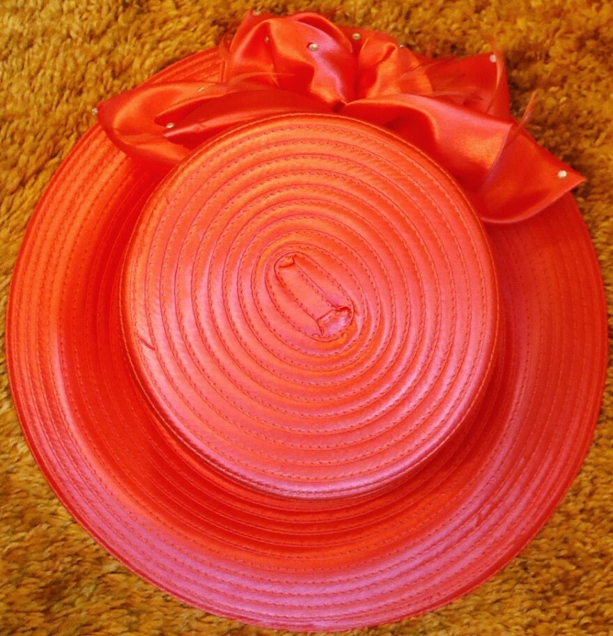 Vintage SOPHIA COLLECTION Ladies ORANGE Church Hat w Rhinestones & Feathers