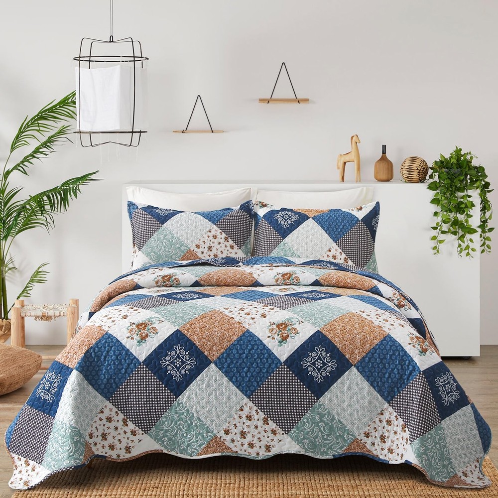 Dinjoy Reversible Patchwork Quilt Bedding Set Queen Size Blue Queen,