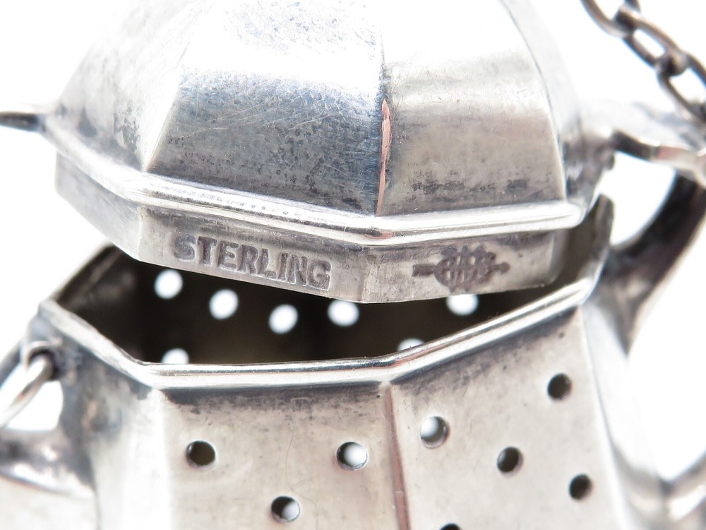 ANTIQUE VICTORIAN STERLING SILVER TEABALL KETTLE STRAINER - TEAPOT SHAPE *
