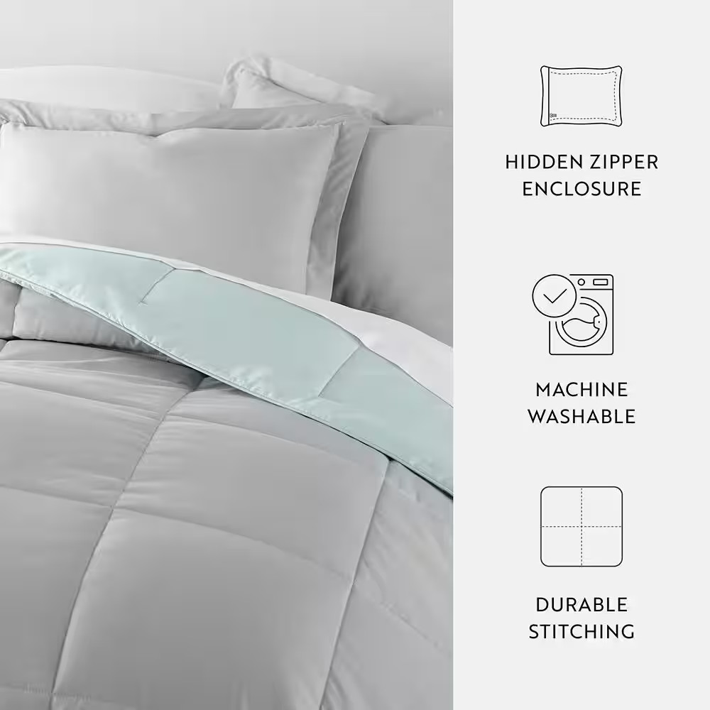 Aqua and Light Gray Microfiber down Alternative King / Cal King Reversible Comfo