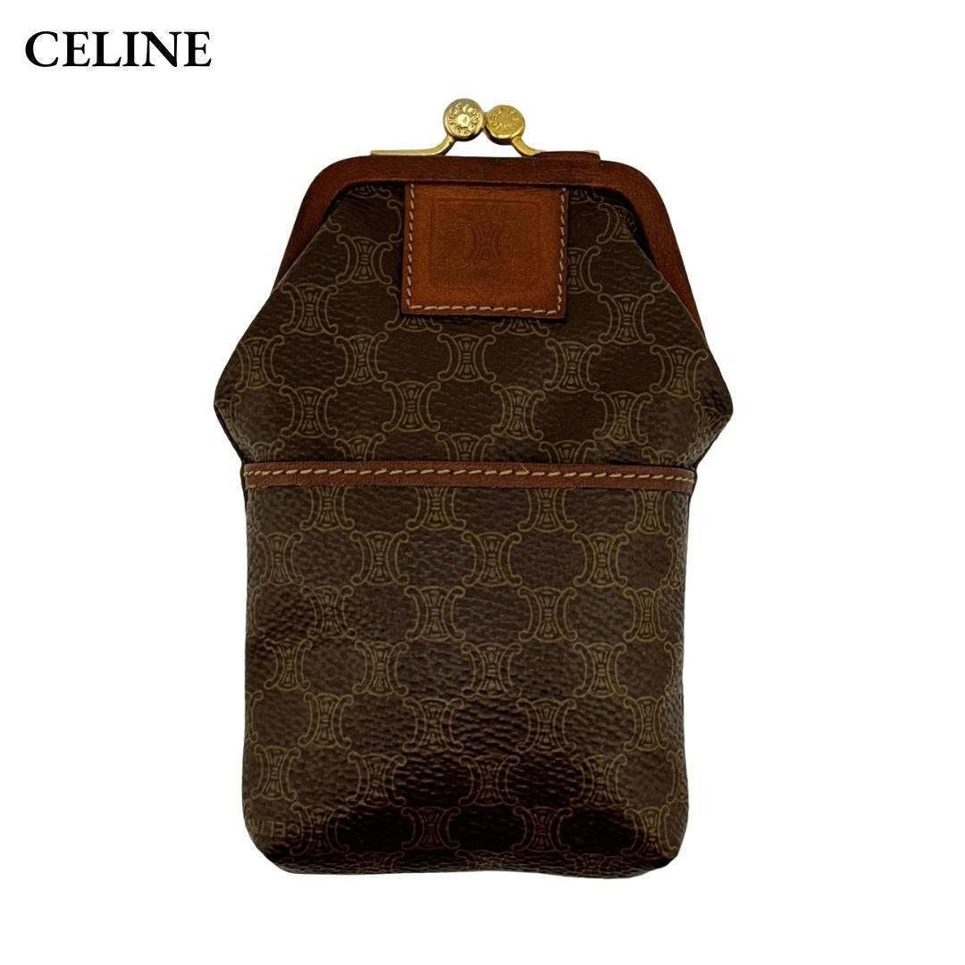 Celine Macadam Pattern Coin Pouch Clasp Accessory Case Leather Brown Used