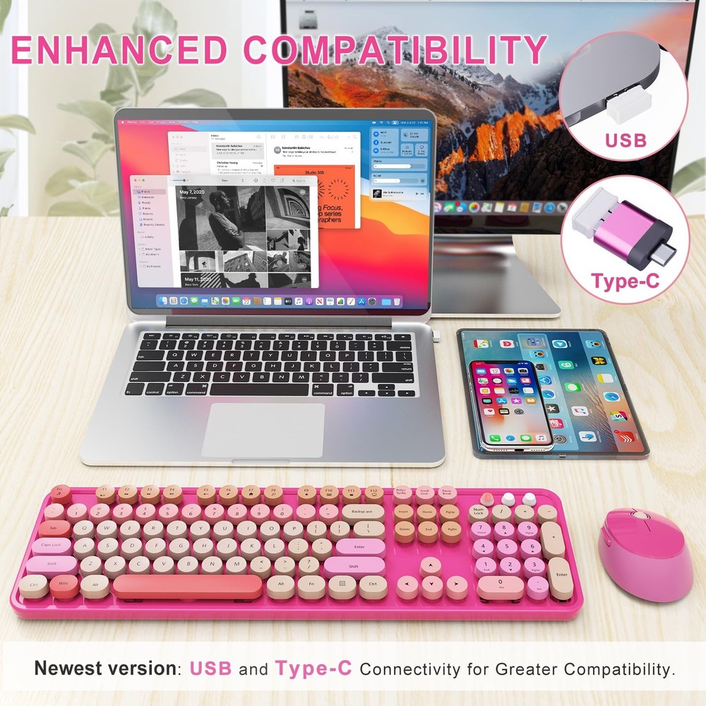 Red Wireless Keyboard Mouse Combo Full Size Retro Round Keycap PC Windows