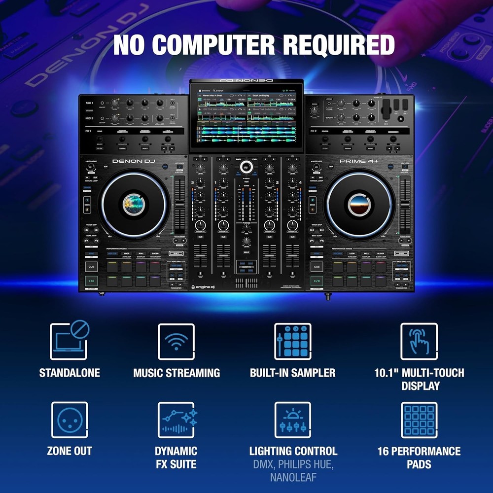 4-Deck Prime 4+ DJ Controller with Wi-Fi Streaming & Dynamic Drop Sampler Mixer