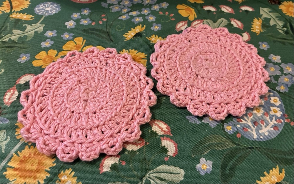 2 Handmade Solid Crochet Mug Coasters Spring Pink 100% Cotton Easter Table