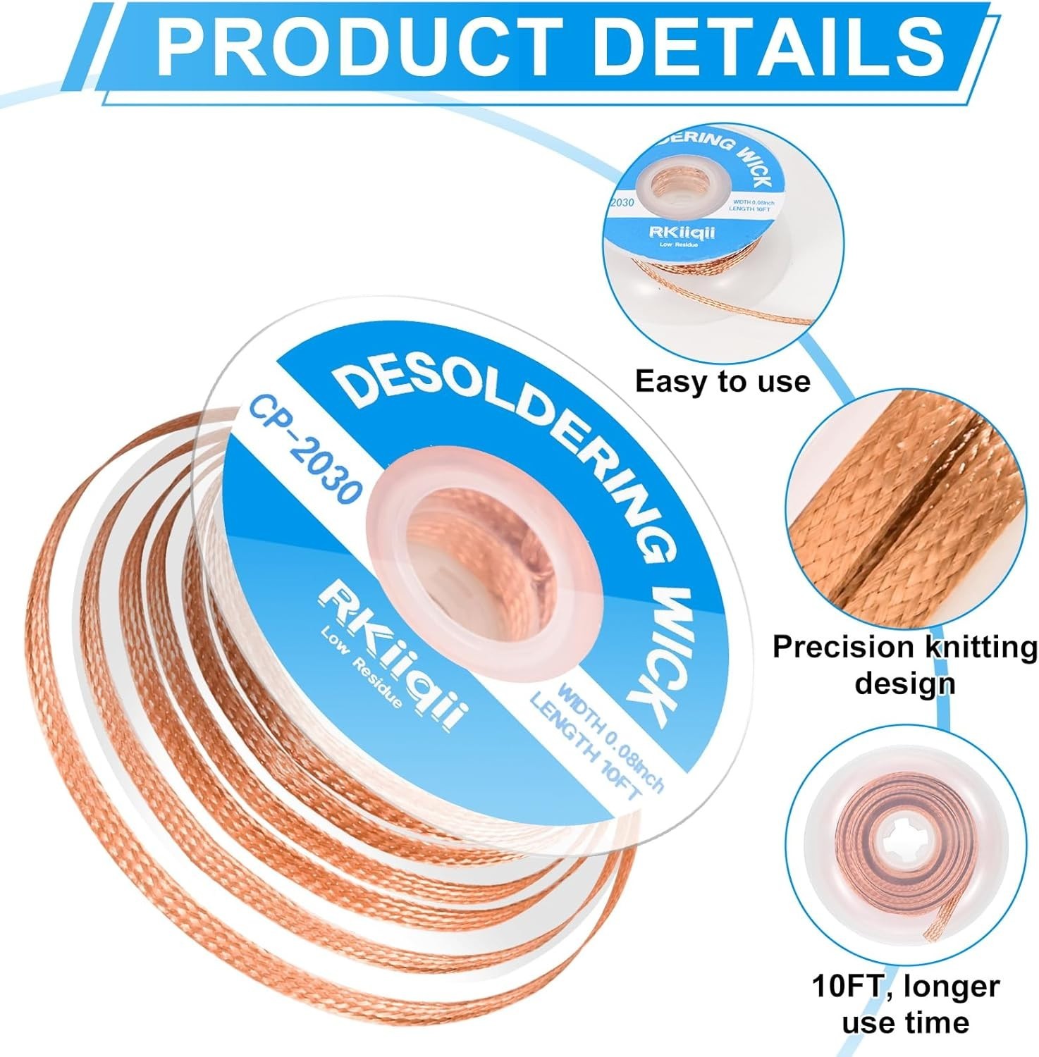 3Pcs Solder Wick Braid Kit with Flux, Low Residue Desoldering Wire 10ft Each USA