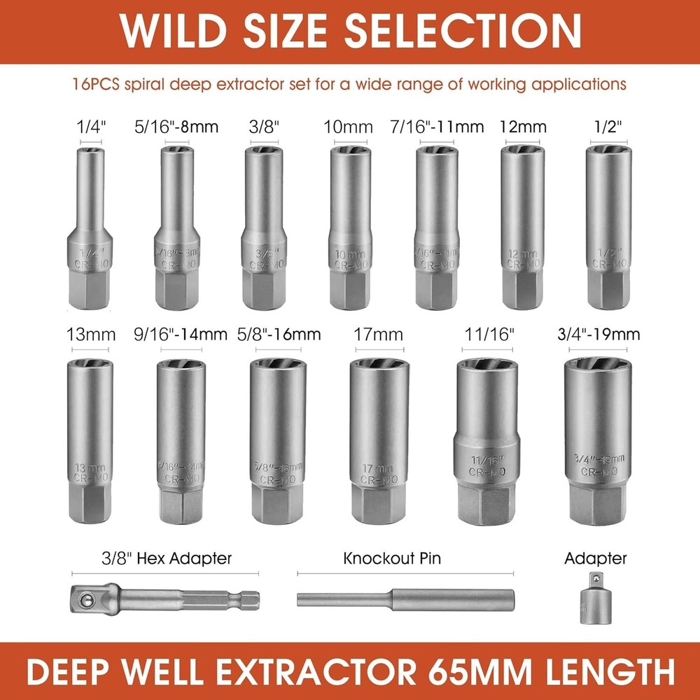 16pcs 3/8" Deep Well Bolt Extractor Set Spark Plug Removal Extraction Socket