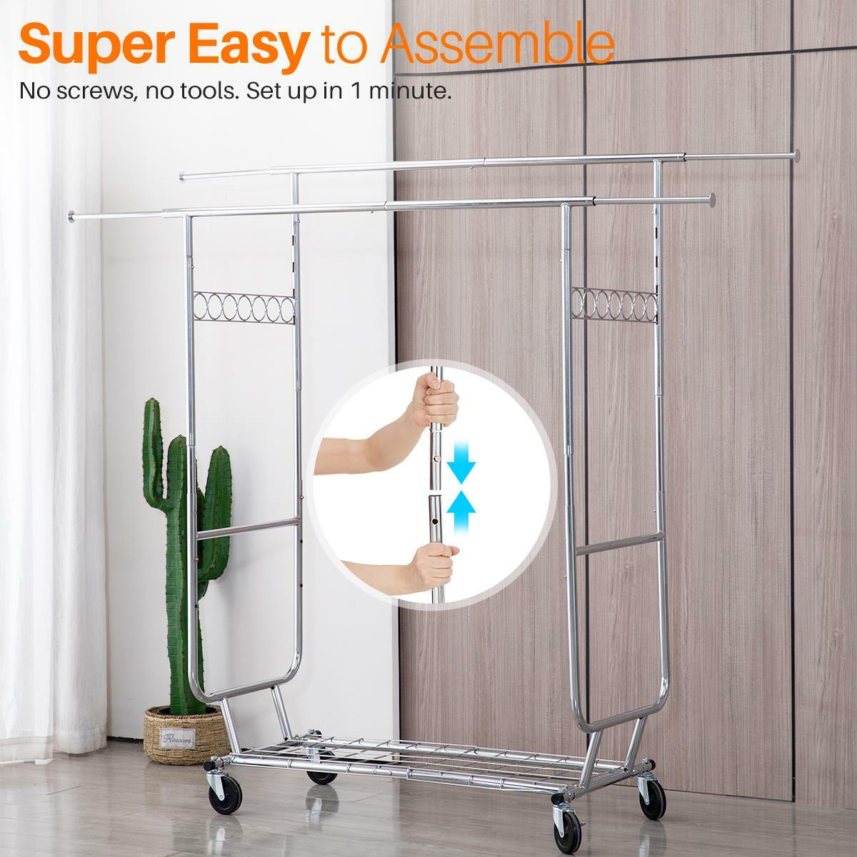 Heavy Duty Commercial Clothing Garment Rack Rolling Collapsible Chrome US