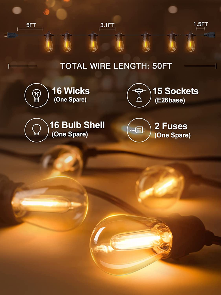 50FT LED Outdoor String Lights with Edison Shatterproof Bulbs, Weatherproof Stra