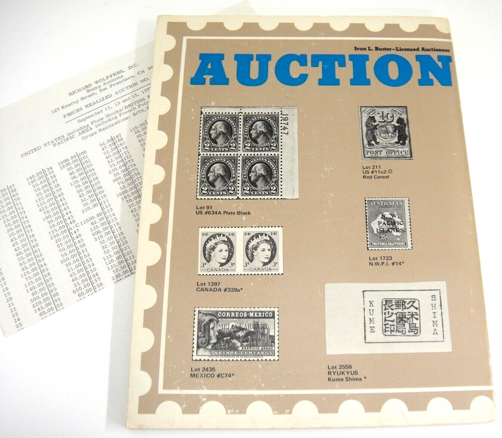 Wolffers Stamp Auction Catalog 1975 w Prices Realized US Plate Blocks Pacific