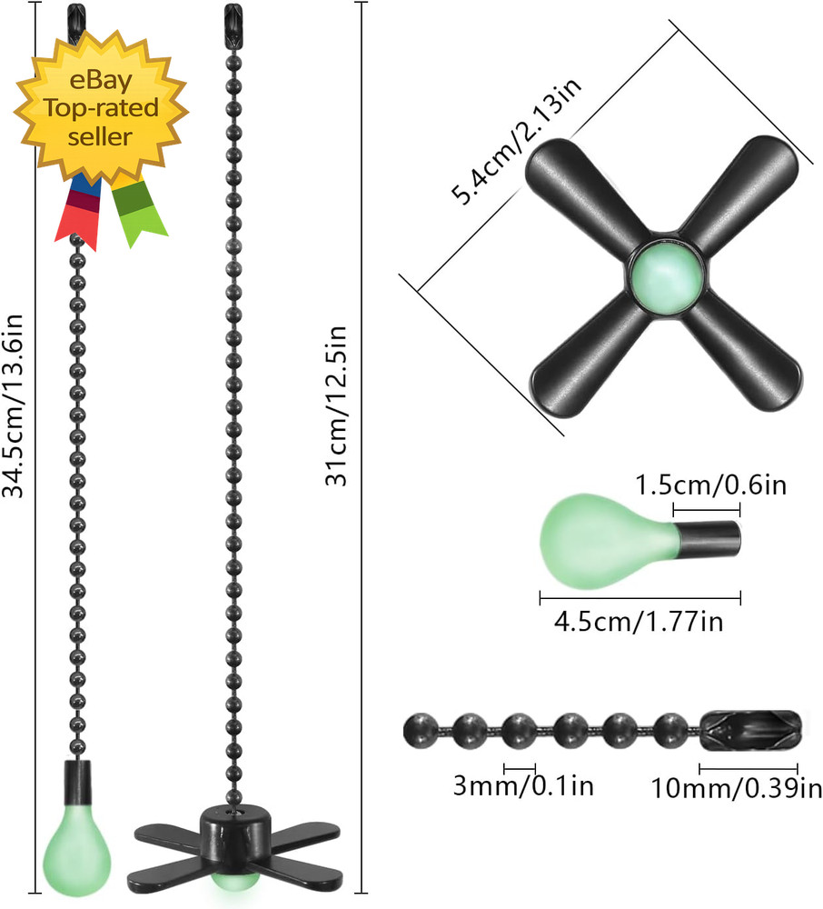 Black Ceiling Fan Pull Chain Set 2Pack 3Mm Diameter Beaded Fluorescent Decorativ