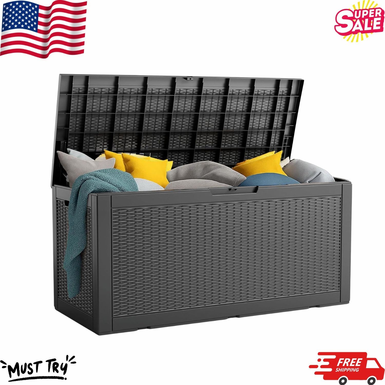 100 gallon resin deck box lockable outdoor storage waterproof black