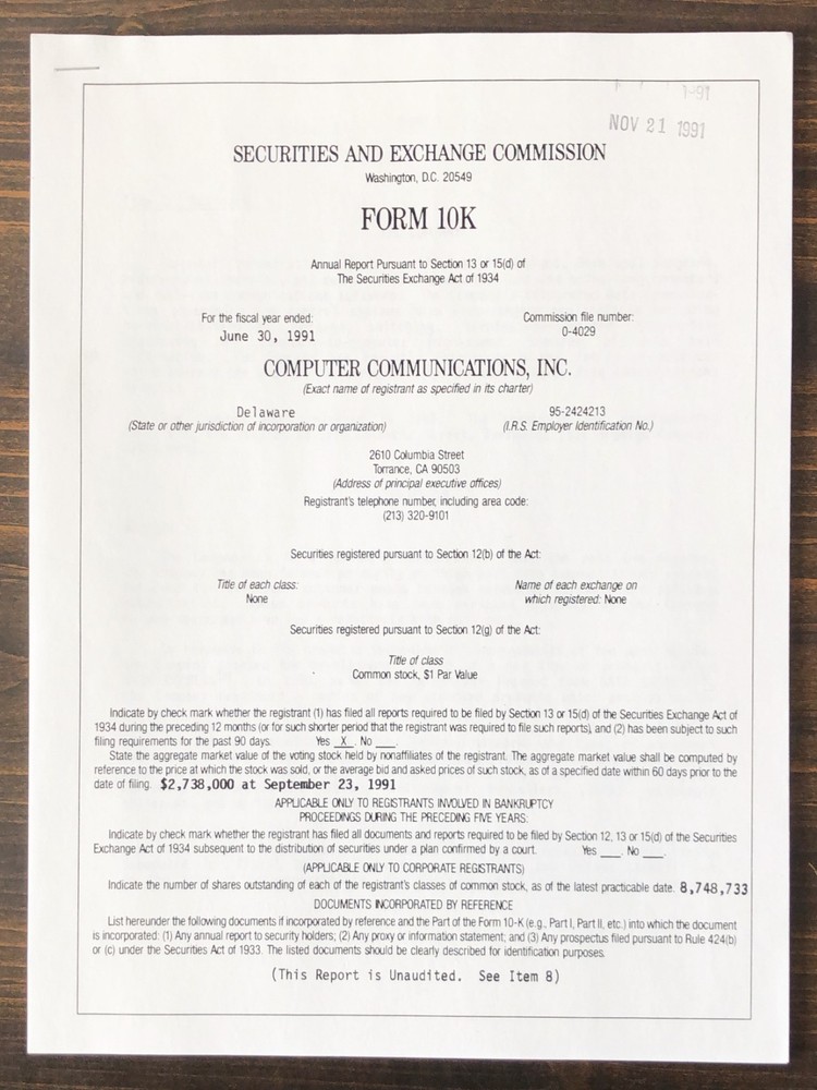 1991 Computer Communications Inc Form 10-K Report