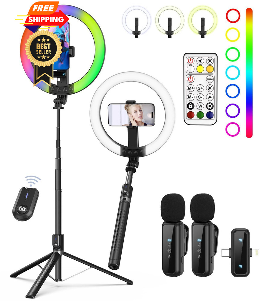 Yeaki Vlogging Kit for iPhone/Android - 10" Selfie Ring Light with 74"...