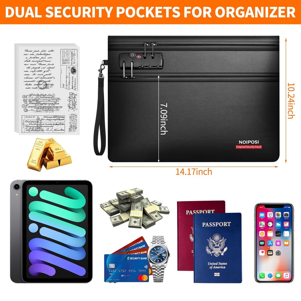 6400℉ Fireproof Money Bag with Lock,Dual-Zip Compartments Fireproof Document ...