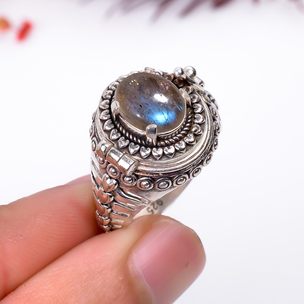 Labradorite Gemstone Handmade Poison Ring, 925 Silver Labradorite Poison Ring.
