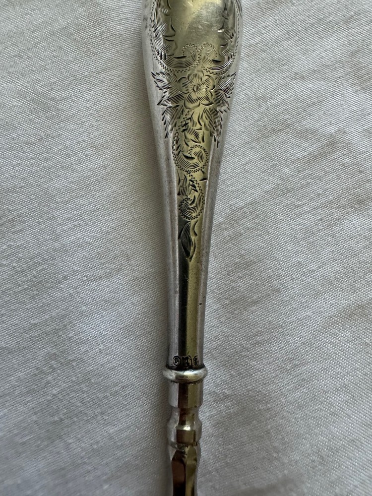 Antique Sterling Silver Handle Button Hook Engraved Scrolling and Flower Design