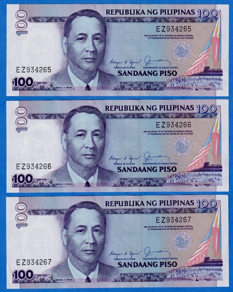 Philippines 100 Piso ND 1987-1994  P-172a EF/AU 3 Consecutive Notes