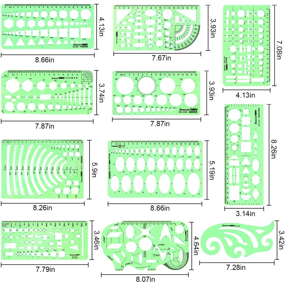 11PCS Geometric Drawings Templates, Drafting Stencils Measuring Tools, Transp...