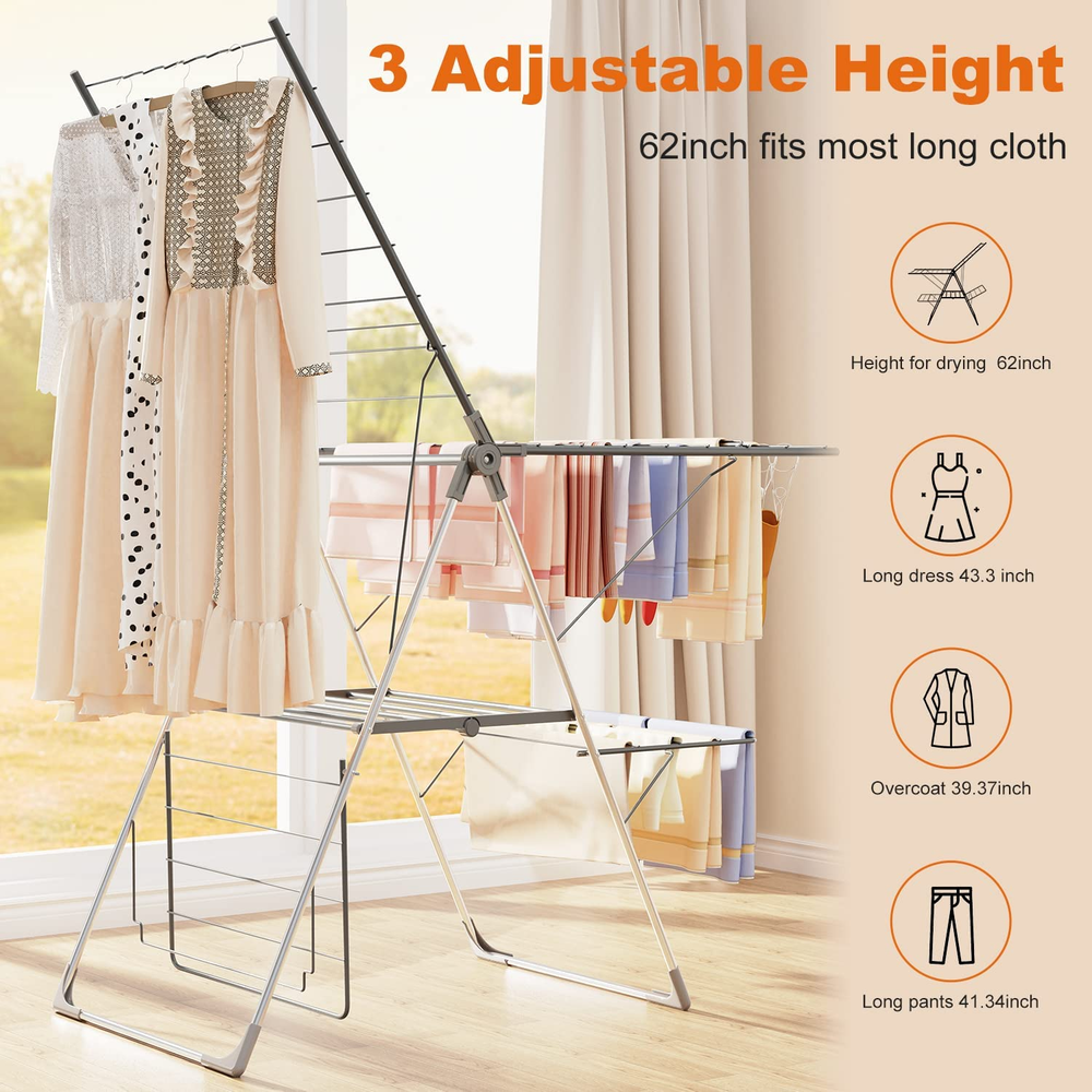 Clothes Drying Rack Foldable 2-Level Stainless Steel Portable Laundry Rack