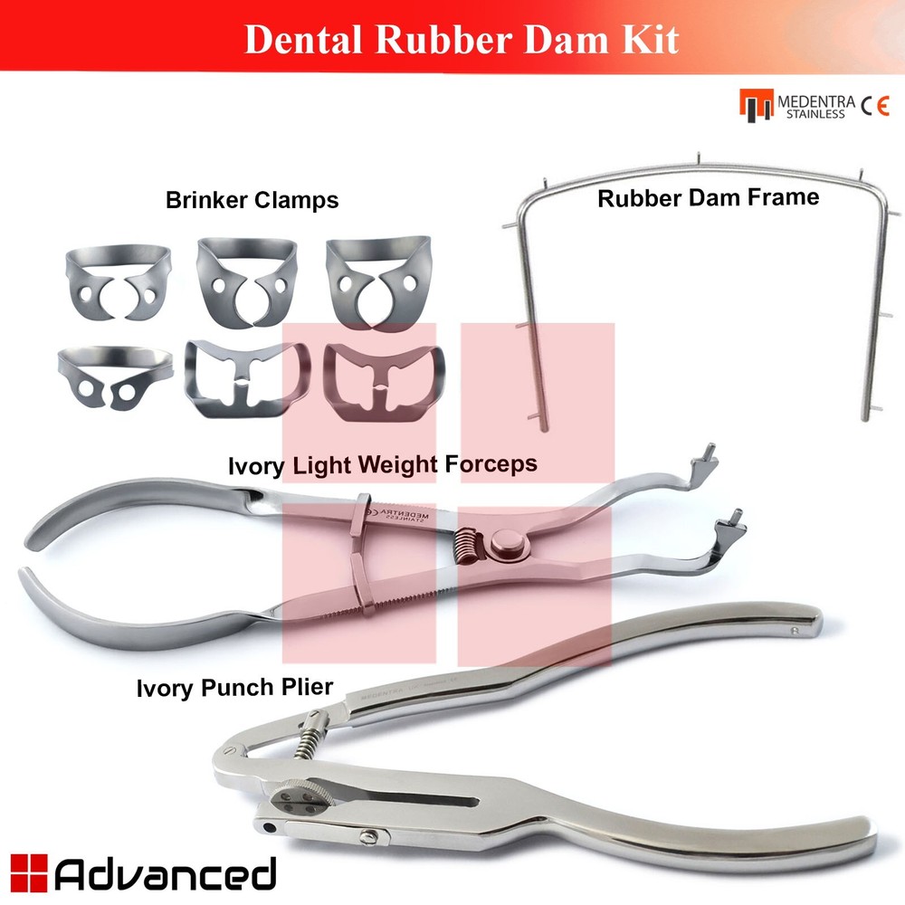Dental Rubber Dam Kit Ivory Punch Plier Forceps Brinker Clamps Frame Instruments