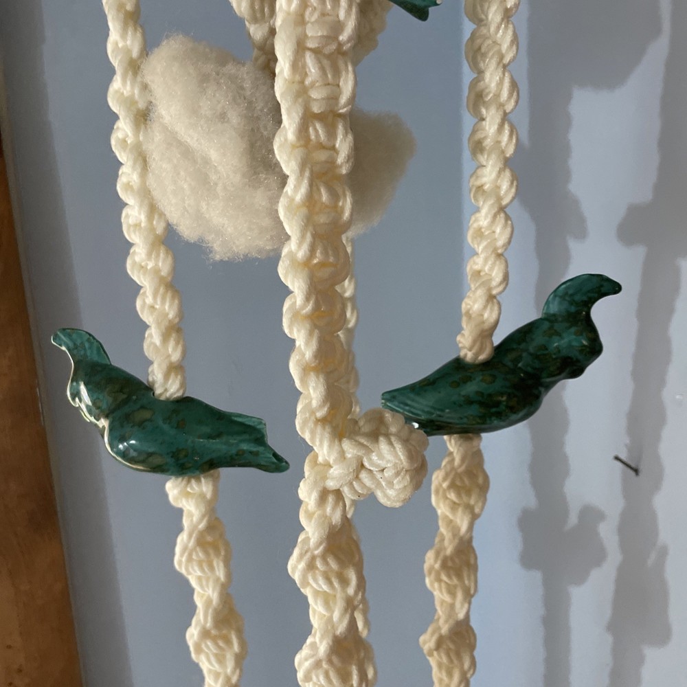 Vtg Macrame Boho Plant Hanger With Ceramic Birds. 4 Ft .
