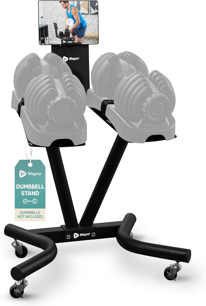 Adjustable Dumbbell Stand with Wheels & Device Holder for Home Gym