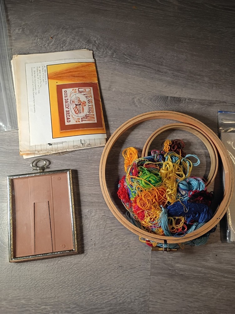 Vintage Cross Stitch Embroidery Lot Includes A Few Patterns Hoops AndSmall Frame