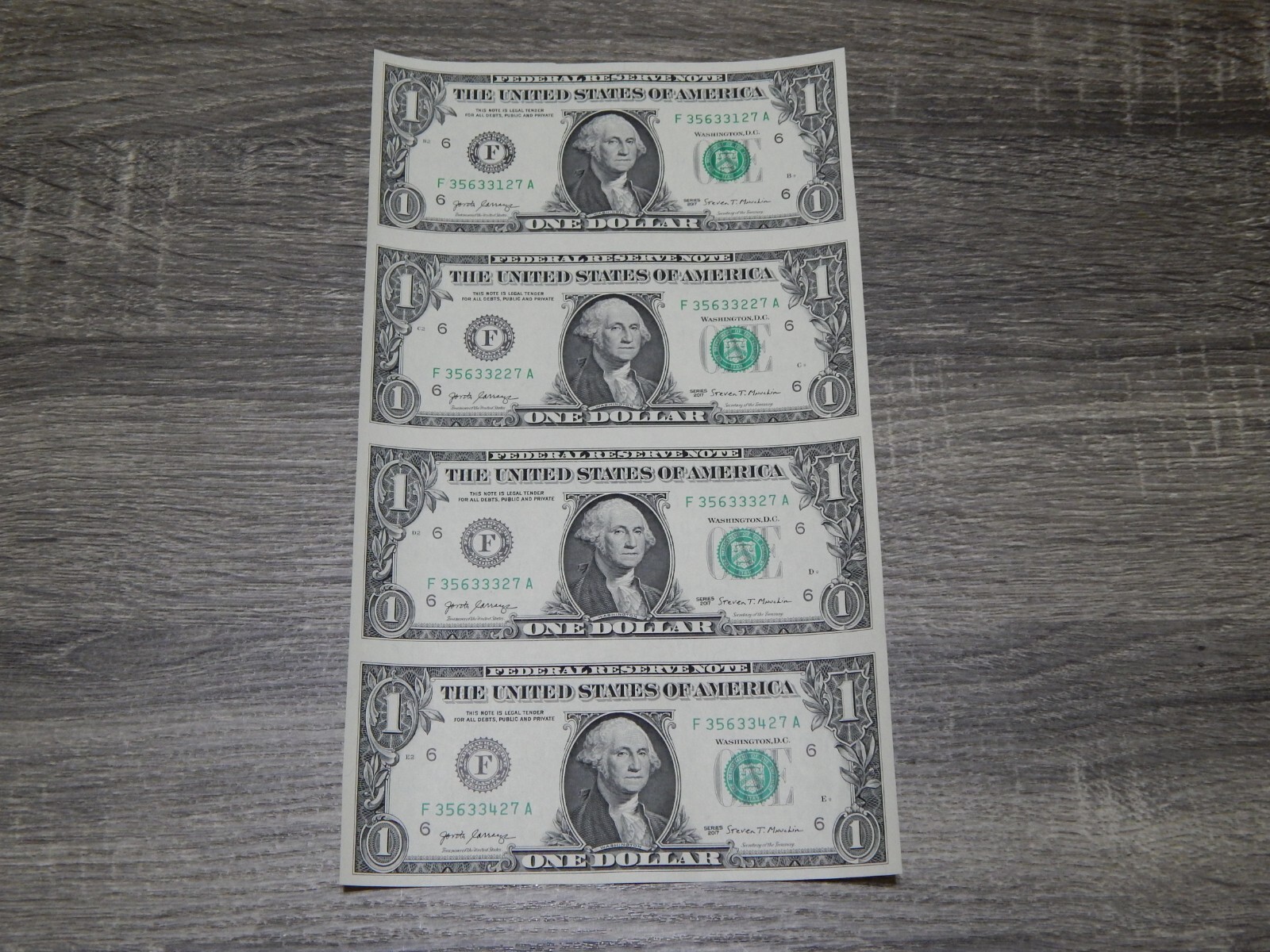 UNCUT SHEET OF (4) - U.S. $1 ONE DOLLAR BILLS GEM UNC MAKES A NICE GIFT #343.