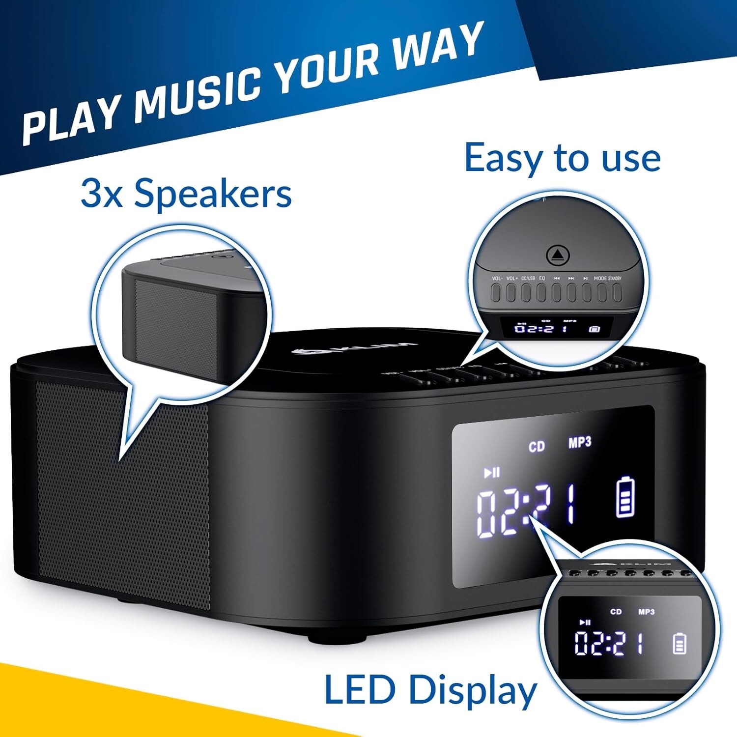 KLIM Boombox E1 - CD Player Portable Audio System, xtra BASS Subwoofer,FM,Remote