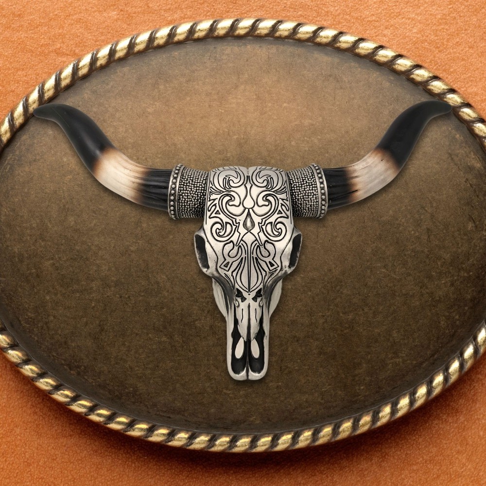 Tooled Silver Resin Bull Skull Wall Decor with Scrolls Design