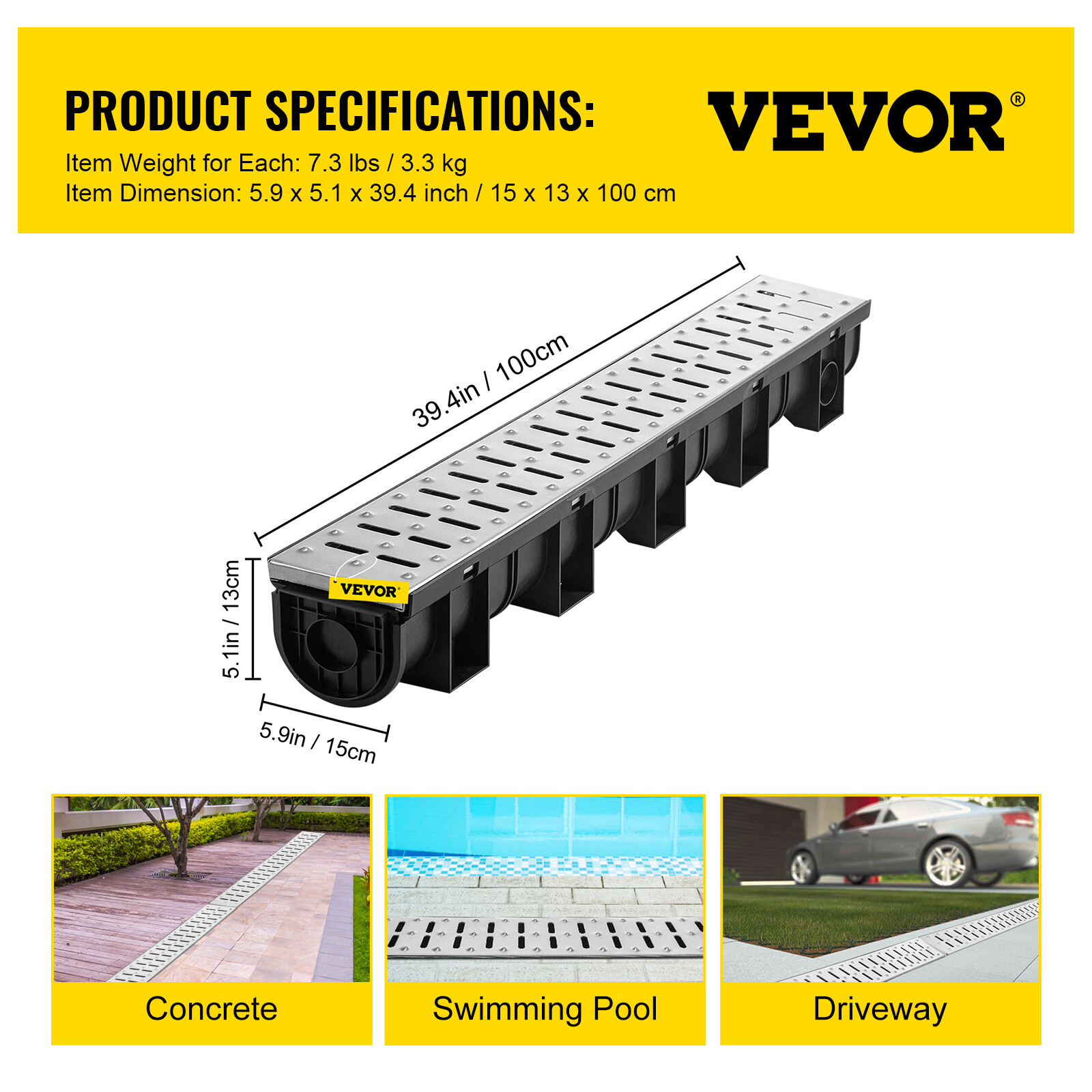 VEVOR Drainage Trench Driveway Channel Drain Kit Metal Grate-5.8"x5.2"-3 Pack